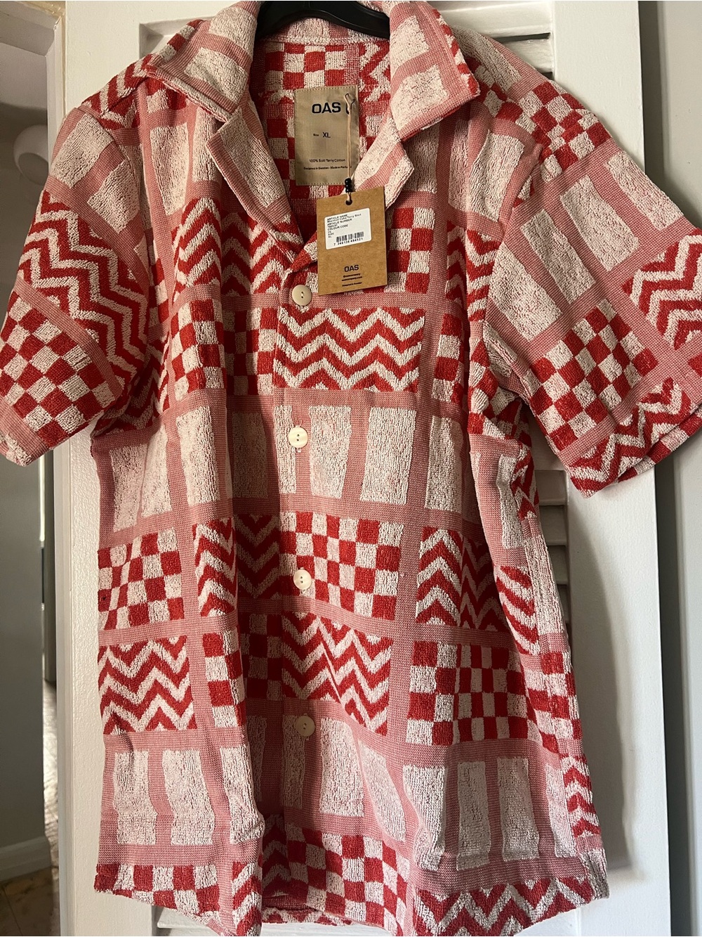 OAS Pink & Red Geometric Short Sleeve Button-Up Shirt
